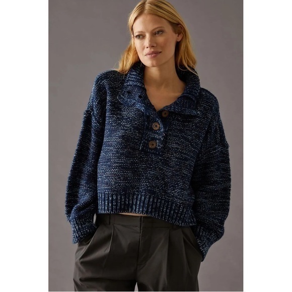Anthropologie Pilcro Mega Henley Sweater Cropped Knit Blue Polo Women’s Size SP - Picture 1 of 11